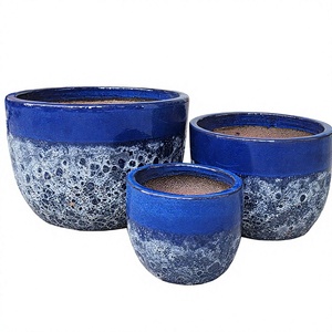 Juego de Macetas de Cerámica Ecológicas, Resistentes, con Acabado Azul Glaseado, Diseño Rústico, para Uso en Interiores y Exteriores, Jardín y Hogar - Product Image 1