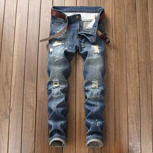 Pantalon droit pour homme <span class=keywords><strong>Bufa</strong></span>, taille plus, en coton, jean de moto, plissé, style punk nostalgique, lavage coloré, bouton OEM ODM - Product Image 3