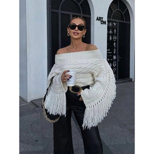 Maglione lavorato a <span class=keywords><strong>maglia</strong></span> da donna con nappine ispessite <span class=keywords><strong>monospalla</strong></span> manica lunga Pullover in lana corta - Product Image 1