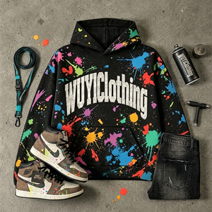 Sudadera con Capucha Negra Extra Grande para Hombre, Diseño Moderno con Estampado de Salpicaduras de Pintura Multicolor, Logotipo Personalizado WUYIClothing, Estilo Y2K, Ropa Urbana - Product Image 3