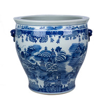 Grand vase décoratif en céramique bleu et blanc de style chinois, motif floral peint à la main avec des oreilles de bête, pour la maison