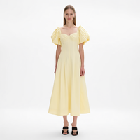 Nouvelle Robe Midi Femme Jaune Pâle à Col Carré, Bustier Ajusté, Manches Bouffantes Froncées, Coupe Évasée, Personnalisable, Vente en Gros
