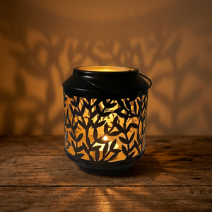 Artisan Design <b>Black</b> Iron <b>Lantern</b> with Leaf Etching Design Handmade Home Decor <b>Candle</b> Holder L761 <b>Black</b> Finish - Product Image 1