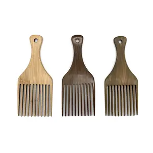 Haute qualité personnalisé bambou et bois peigne à dents larges Afro Pick barbe peigne à cheveux avec poignée