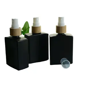 100ml Matte Black Glass Fine Mist Spray Garrafas Square Perfume Atomizer Garrafa com Natural De Bambu Pulverizador De Madeira para Viagens