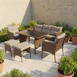 Ensemble de salle à manger moderne en rotin pour l'extérieur, comprenant trois chaises, deux repose-pieds et une table, avec un ensemble de chaises-canapés - Product Image 3