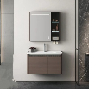 Meuble de salle de bain moderne en PVC, entièrement étanche, structure stable, avec miroir LED et lavabo en céramique - Product Image 4