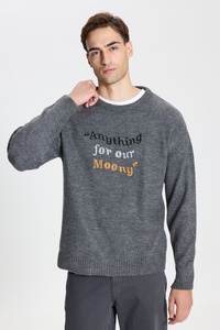 Men's Embroidered <strong>Slogan</strong> Sweater 100% Merino Wool Long Sleeve Crew Neck Pullover <strong>Jumper</strong> Grey - Product Image 2