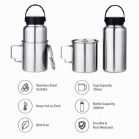 Bouteille d'eau portable en acier inoxydable SUS304 de 1050 ml pour camping et randonnée, compatible feu ouvert, avec large ouverture et tasse détachable