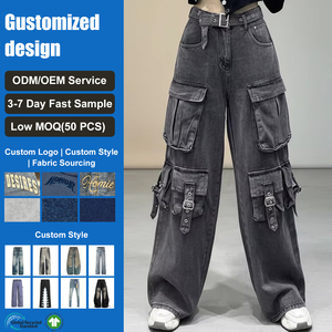 <span class=keywords><strong>Vaqueros</strong></span> Cargo Grises Vintage Personalizados para <span class=keywords><strong>Mujer</strong></span>, <span class=keywords><strong>Pantalones</strong></span> de Mezclilla con Múltiples Bolsillos, Cintura Alta, Estilo Urbano, Pierna Ancha y Holgados - Product Image 1