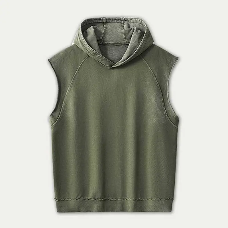 Camiseta sin mangas para hombre de alta calidad 2024, chaleco de calle, chaleco con capucha desgastado lavado, chaleco de algodón 100% con capucha