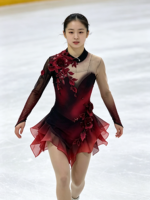 Robe de patinage artistique à col dégradé rouge vin et noir, manches longues, maille florale 3D, dos ouvert, pour compétition et spectacle