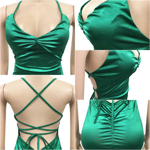 Nueva llegada de color sólido con cuello en V satén Maxi vestidos de graduación para las mujeres correa de espagueti vestidos de noche y de fiesta con patrón de impresión - Product Image 6