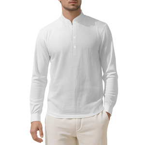 Camisa de Lino para Hombre, Manga Larga, Cuello Alto, Color Sólido, Transpirable, Corte Holgado, Estilo Casual, Azul Claro, Talla M - Product Image 2