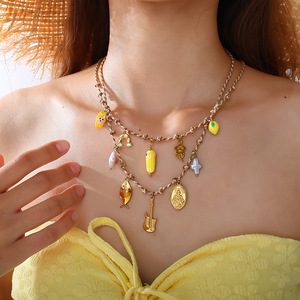 European American Retro Beach Style Pearl Pendant <b>Bracelet</b> <b>Set</b> Stainless Steel 18K Gold Plated Ceramic Necklace For Women - Product Image 4