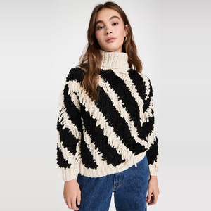 Women's Chunky Ribbed <strong>Turtle</strong> <strong>Neck</strong> Knitted <strong>Top</strong> Summer Casual Stripe Sweater Short Length Thin Thickness - Product Image 1
