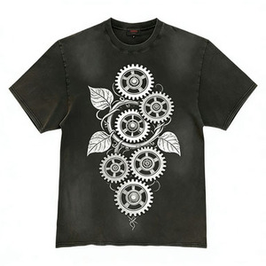 Camiseta de manga corta negra estilo steampunk <span class=keywords><strong>vintage</strong></span> con engranajes mecánicos y patrón de hojas, informal, unisex - Product Image 1