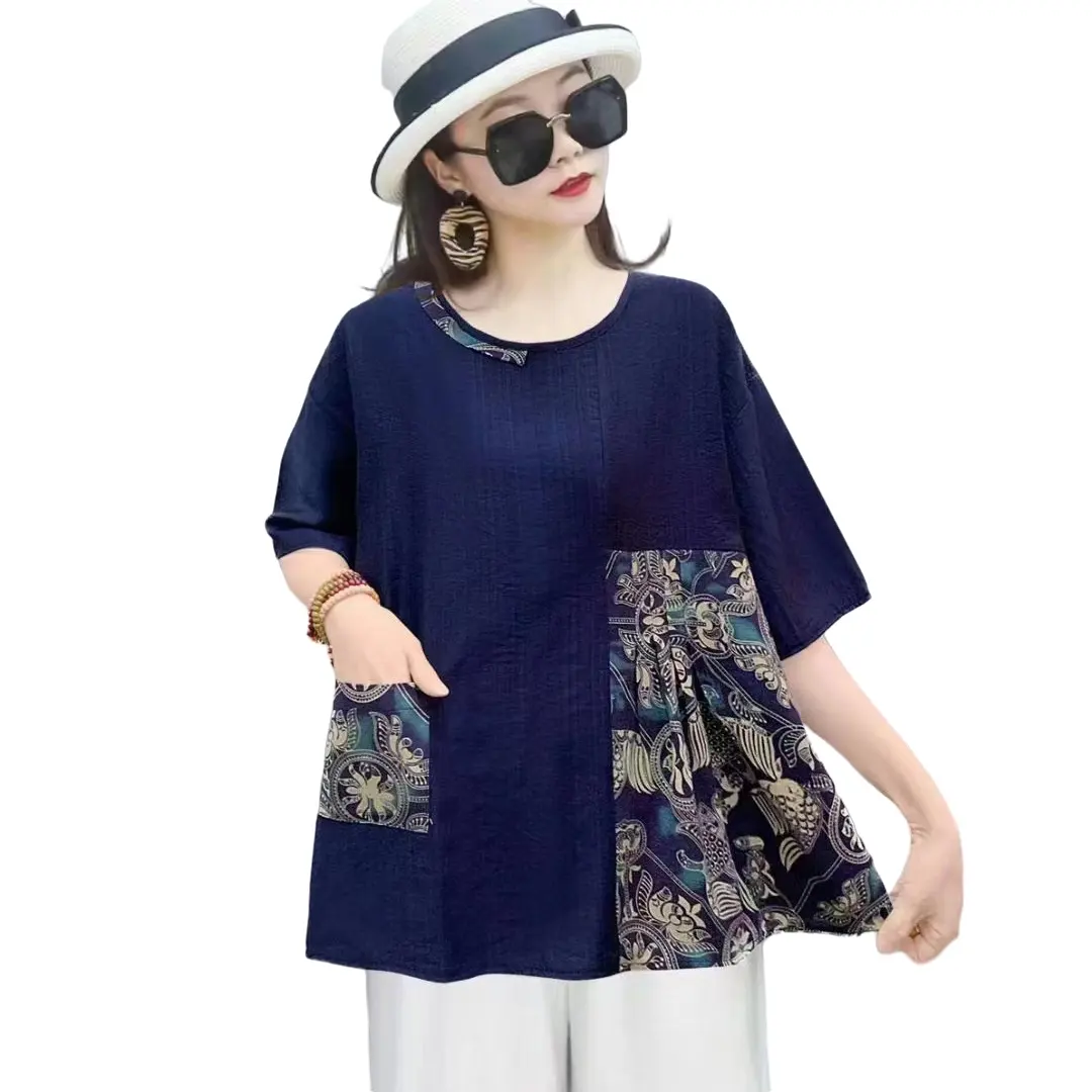 Spot wholesale Southeast Asian style cotton linen top short sleeve T-shirt printed round neck summer casual women's wear