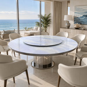 Table à manger personnalisée, plateau rond, style moderne, villa, 8 places, pieds en métal, meubles en pierre, luxe, calcite azul et marbre bleu - Product Image 5