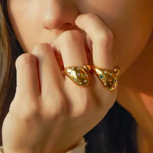 אופנה יוקרה זהב 18 קראט צבעוני טבעת פתוחה נירוסטה אבן חן טבעות תכשיטי קוקטייל עם יהלומים