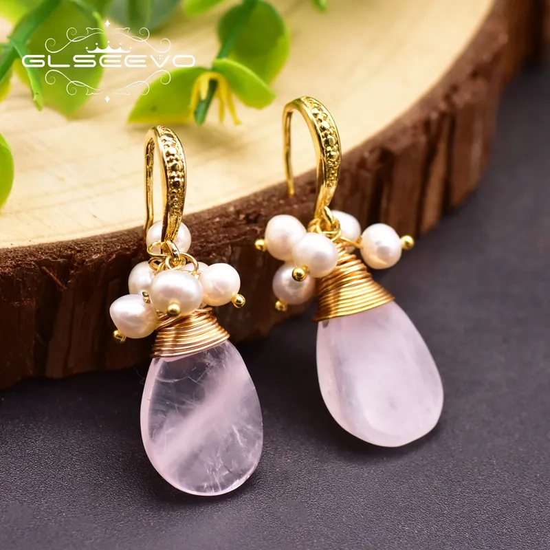 Natural Pink Crystal Fresh Water Pearl Earrings For Women Girl Cute Jewelry For Wedding Drop Earrings earrings bulk