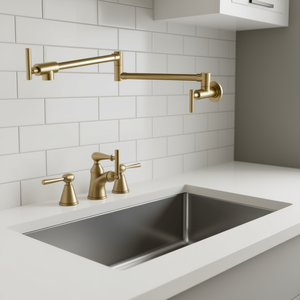 ก๊อกน้ำติดผนังแบบคลาสสิก สีทองด้าน ดีไซน์แขนหมุนได้สองข้อต่อ พร้อมด้ามจับสองด้าม หมุนได้ - Product Image 2