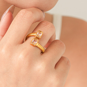 Luxury Square Cubic Zirconia Open Band Ring Anti Tarnish High Polished 18K Gold Stainless Steel Ladies Daily <b>Accessories</b> - Product Image 1