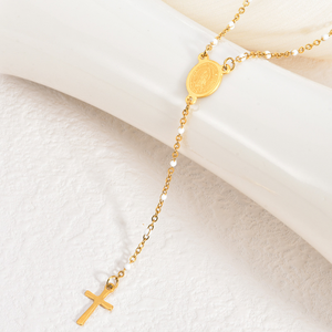 Collana con Ciondolo Religioso Placcato Oro 18K in Acciaio Inossidabile Catena a Croce Gioielli di Moda Rosario Smaltato a Goccia Personalizzato con Charm - Product Image 4