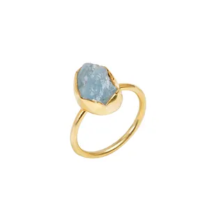 Natural Aquamarine 925 Sterling Silver Gold Plated Ring Trending 925 sterling silver Latest Simple Design Aquamarine Rings Silv