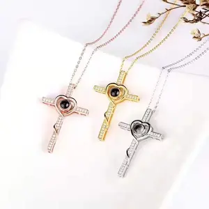 Trendy 100 Language I Love You Projector Necklace Golden Heart Christian Cross Filled Zircon Pendant Necklace For Girlfriend