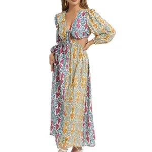 New Design Women's Bohemian Casual Dress with V-Neck Contrast Color Breathable Spring Factory Custom Style