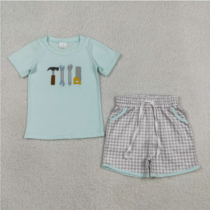 Sibling Baby Boys Embroidery Tools Top Checked Pockets Short <b>Clothes</b> Set Rompers - Product Image 6