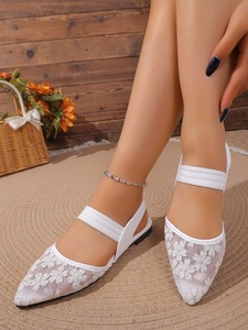 Women Floral Embroidery Mesh Slingback <b>Sandals</b> Pointed Toe <b>Elastic</b> Strap Flat Ladies Summer Dress Shoes - Product Image 3
