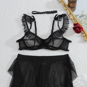 Ensemble de lingerie de mariée blanc avec <span class=keywords><strong>soutien</strong></span>-<span class=keywords><strong>gorge</strong></span>, pantalon large fluide en <span class=keywords><strong>dentelle</strong></span> brodée ajourée à volants et <span class=keywords><strong>bandeau</strong></span> - Product Image 4