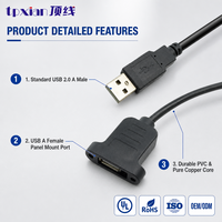 Kabel Ekstensi USB 2.0 Kustom Tipe A Male ke Female Panel Mount dengan Pengunci Sekrup untuk Peralatan Kontrol Industri