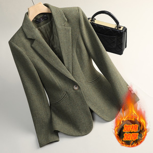 Women's Wool Blazer Green Quilted Suit Slim Fit Thickened Autumn Winter Jacket - Product Image 1