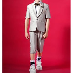 Traje de satén brillante gris de verano ajustado para niño, chaqueta de 2 piezas, pantalones cortos, esmoquin elegante para portador de anillos de boda para ocasiones especiales - Product Image 5
