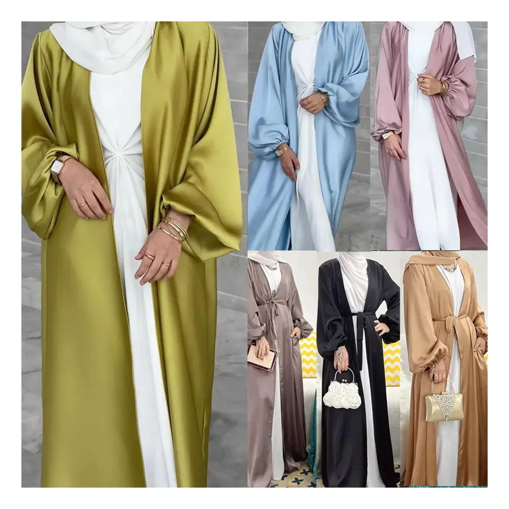 Toptan ramazan Eid moda islam giyim müslüman elbise puf kollu açık hırka renkli zarif Kimono ipeksi saten Abaya