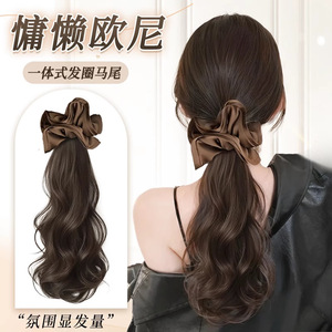 Extension de cheveux synthétiques ondulée marron, style paresseux, volume pour queue de cheval, pour femme - Product Image 1