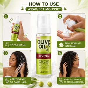 Mousse capillaire OEM ODM à l'huile d'olive et au panthénol pour cheveux bouclés/frisés - Boucles douces et définies, hydratation et brillance - Product Image 2
