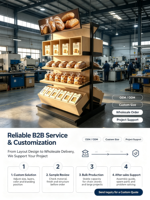 Étagère murale de présentation pour boulangerie commerciale, en acier et bois, armoire latérale pour pain, présentoir multi-compartiments pour pain emballé et en-cas