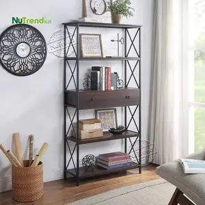 Modernes Wohnzimmer Schwarzes Bücherregal 5-Tier mit einer Schublade Möbel Home Office Industrial Storage Display Bücherregale