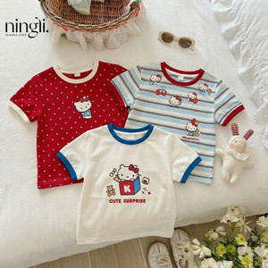<span class=keywords><strong>T</strong></span>-<span class=keywords><strong>shirt</strong></span> en coton imprimé à manches courtes pour bébé fille, version coréenne, tenue d'é<span class=keywords><strong>t</strong></span>é, nouveau style 2026, motif chaton tendance pour filles - Product Image 1