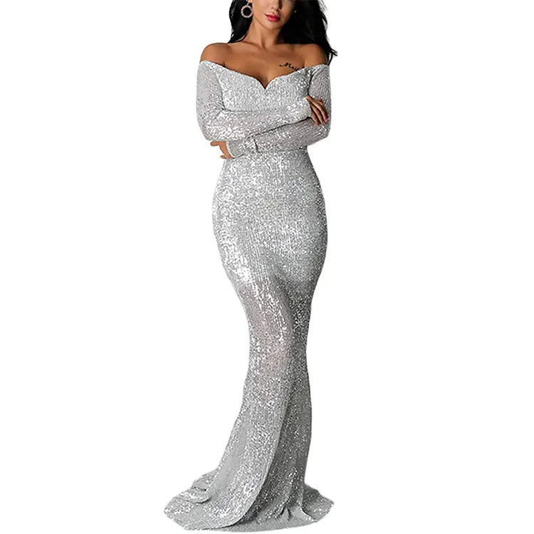Elegant off shoulder sequined long sleeve mermaid cocktail vestidos prom dresses party maxi prom evening gown