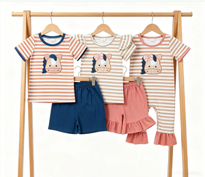 Ensemble de vêtements pour bébés garçons et filles, broderie chevaux et rayures, haut et short, tenue de ferme, barboteuses - Product Image 1