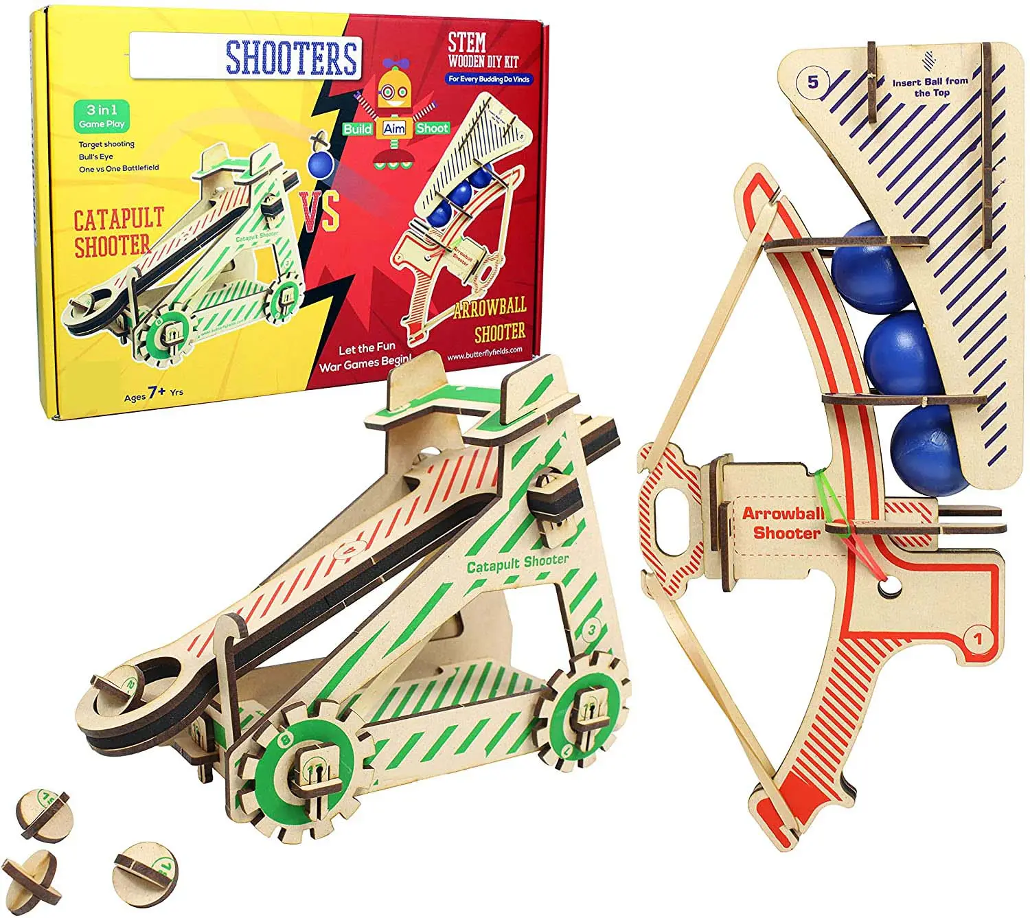 Kit de catapulta de madeira para crianças, 2 em 1, brinquedos de haste para crianças-catapulta de estilingue vs flewball-jogos de batalha da vinci kit para 5 +