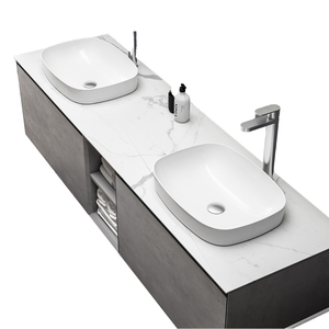 Mueble de Baño Moderno y Elegante con Espejo LED Flotante de Doble Lavabo, Encimera de Porcelana, Múltiples Cajones, Lavabo de Cerámica Montado en la Pared para Baño de Hotel - Product Image 1