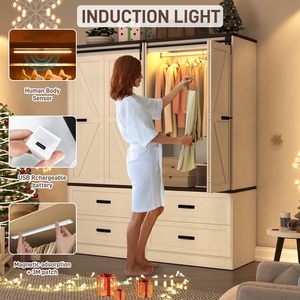 Armario de Madera SENYU Estilo Rústico de 2 Puertas con Paneles Elevados, Luces LED, Puerta Corredera Plegable Tipo Granero, Ecológico, para Dormitorio - Product Image 6