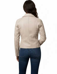 Veste de motard courte en peau de mouton véritable de qualité supérieure pour femmes, style classique beige, veste en cuir tricotée, fermetures éclair, poches - Product Image 4