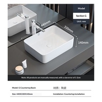 Évier de comptoir en céramique blanche style G 440x330mm, lavabo carré pour projet de décoration de salle de bain d'hôtel